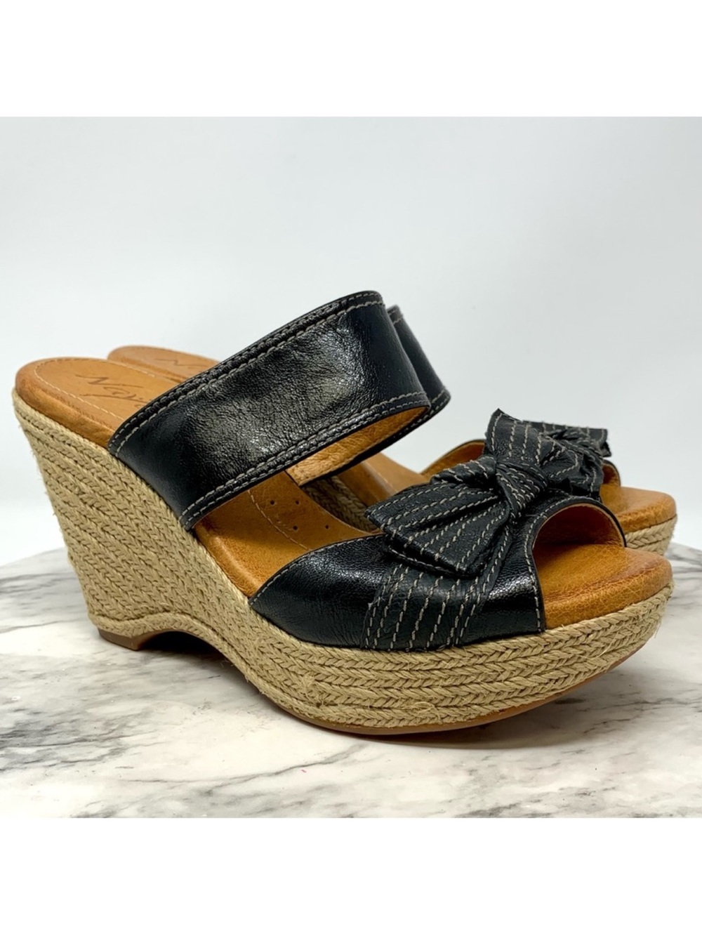 Naya Colette Bow Detail Black Leather Chunky Wedges 8.5 Romanic Resortwear Boho